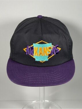 Vintage 90s Arkansas State Snapback Hat Cap Made in USA Black Purple Union Made